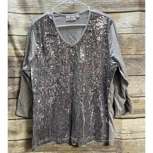 Quacker Factory SEQUIN FRONT TOP Women's XL Silver Gray SHIRT 3/4 Sleeve EUC